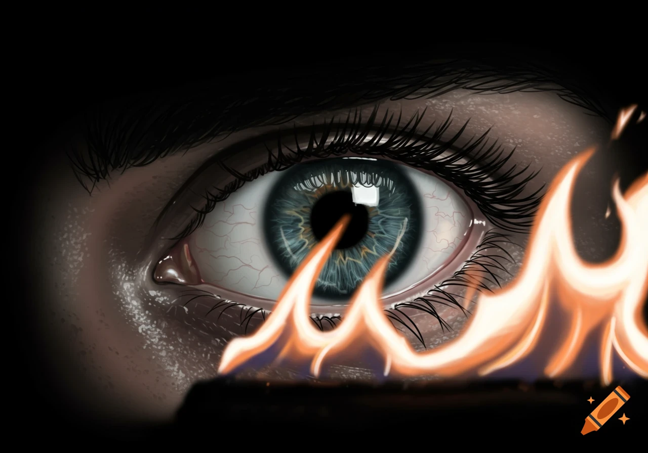 Close up digital illustration of a human eye seen through foreground flames.