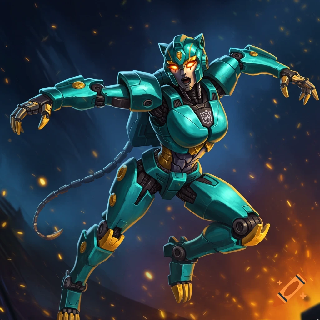 Female Transformer robot in teal and yellow armor in an action pose.