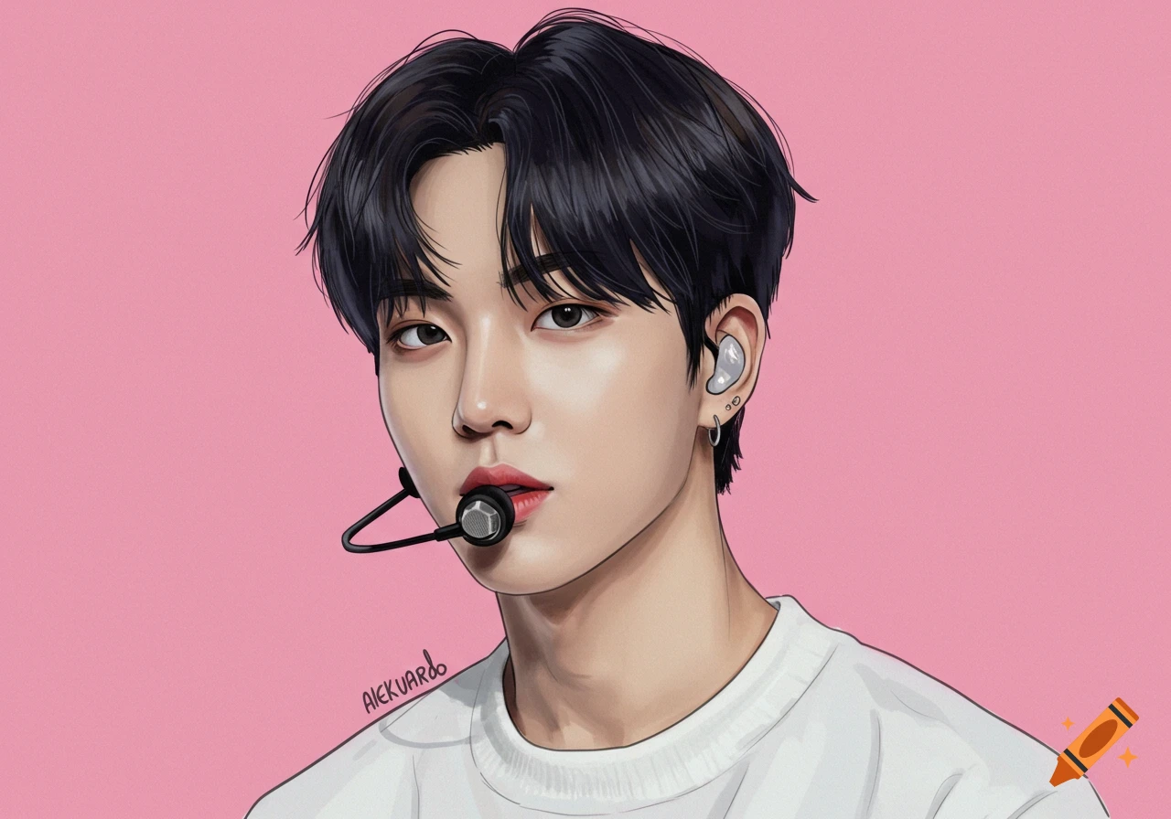 Stylized portrait of a man with black hair and a microphone headset against a pink background.