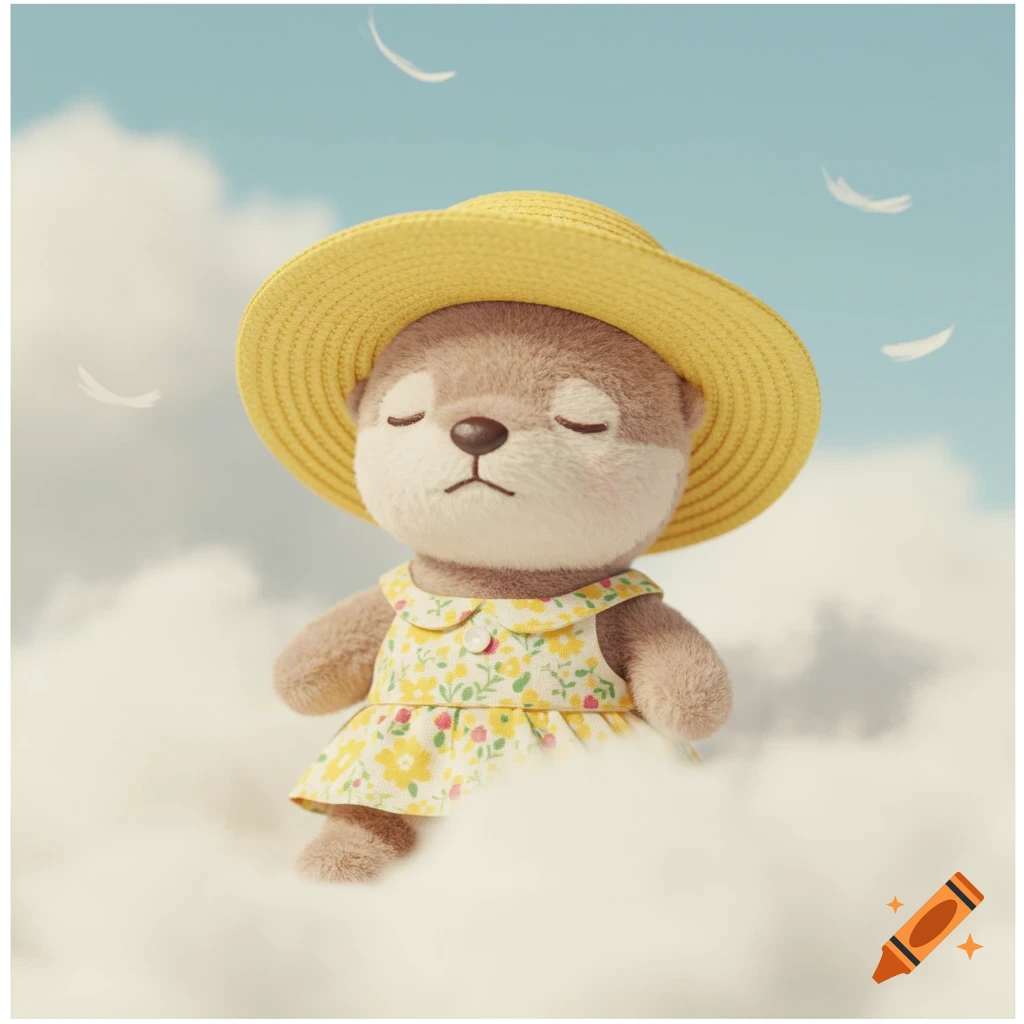 A sleepy plush otter in a floral dress and yellow hat sits on a cloud.