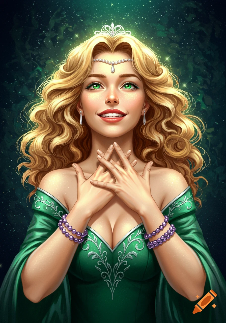 Portrait of a fantasy woman with blonde hair, green eyes, and green dress wearing a tiara and bracelets.