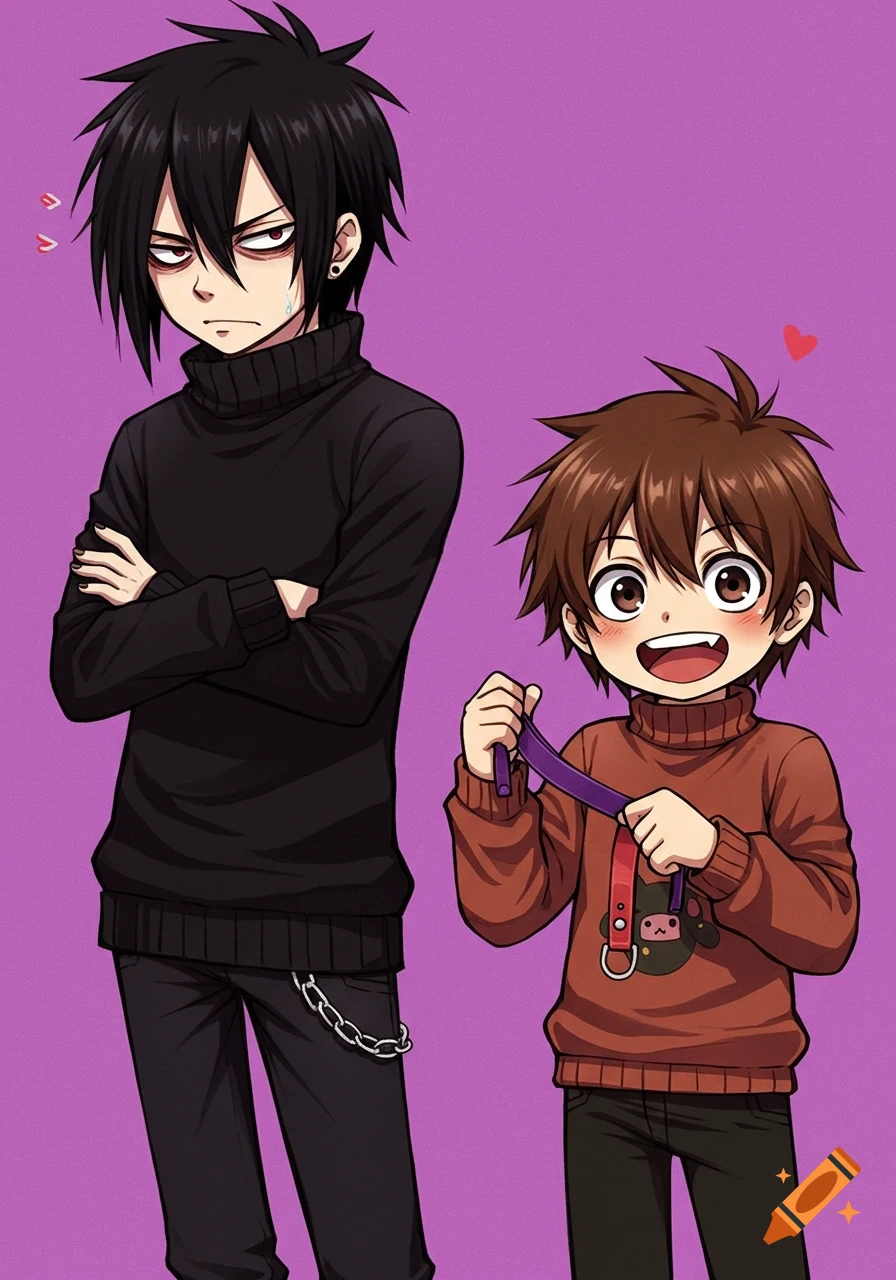 Anime illustration of two boys. One grumpy with black hair, one excited with brown hair holding a strap.