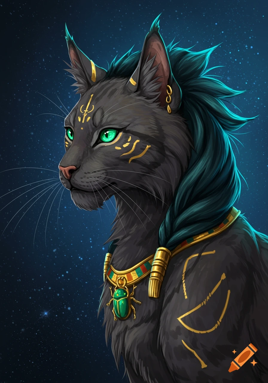 Fantasy black cat with Egyptian golden markings and jewelry against a starry space background.