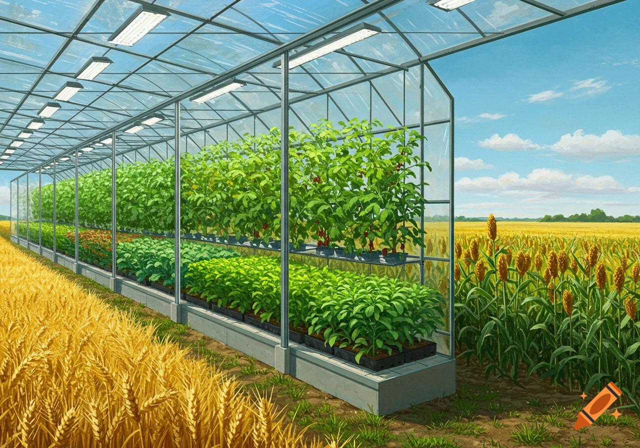 Illustration of a commercial greenhouse filled with various crops, situated next to fields of golden wheat and tall sorghum.