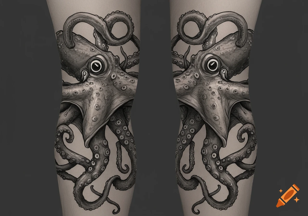 Two black and white octopus tattoos on legs, mirrored.