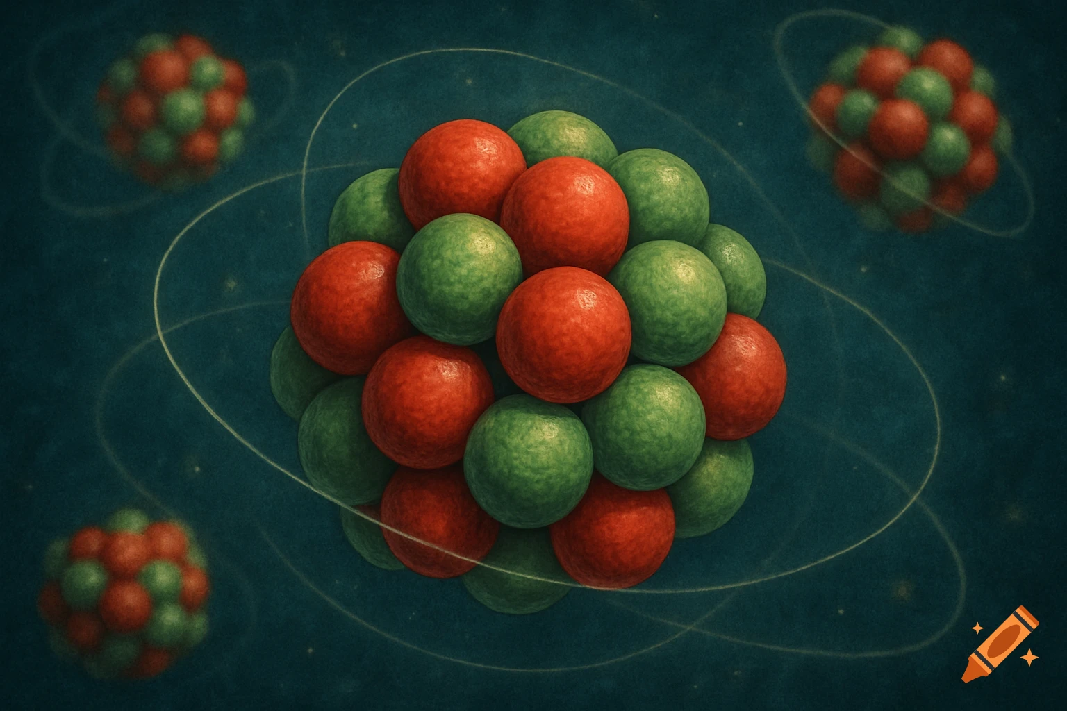 Conceptual image of an atomic nucleus made of red and green spheres, with electron orbits