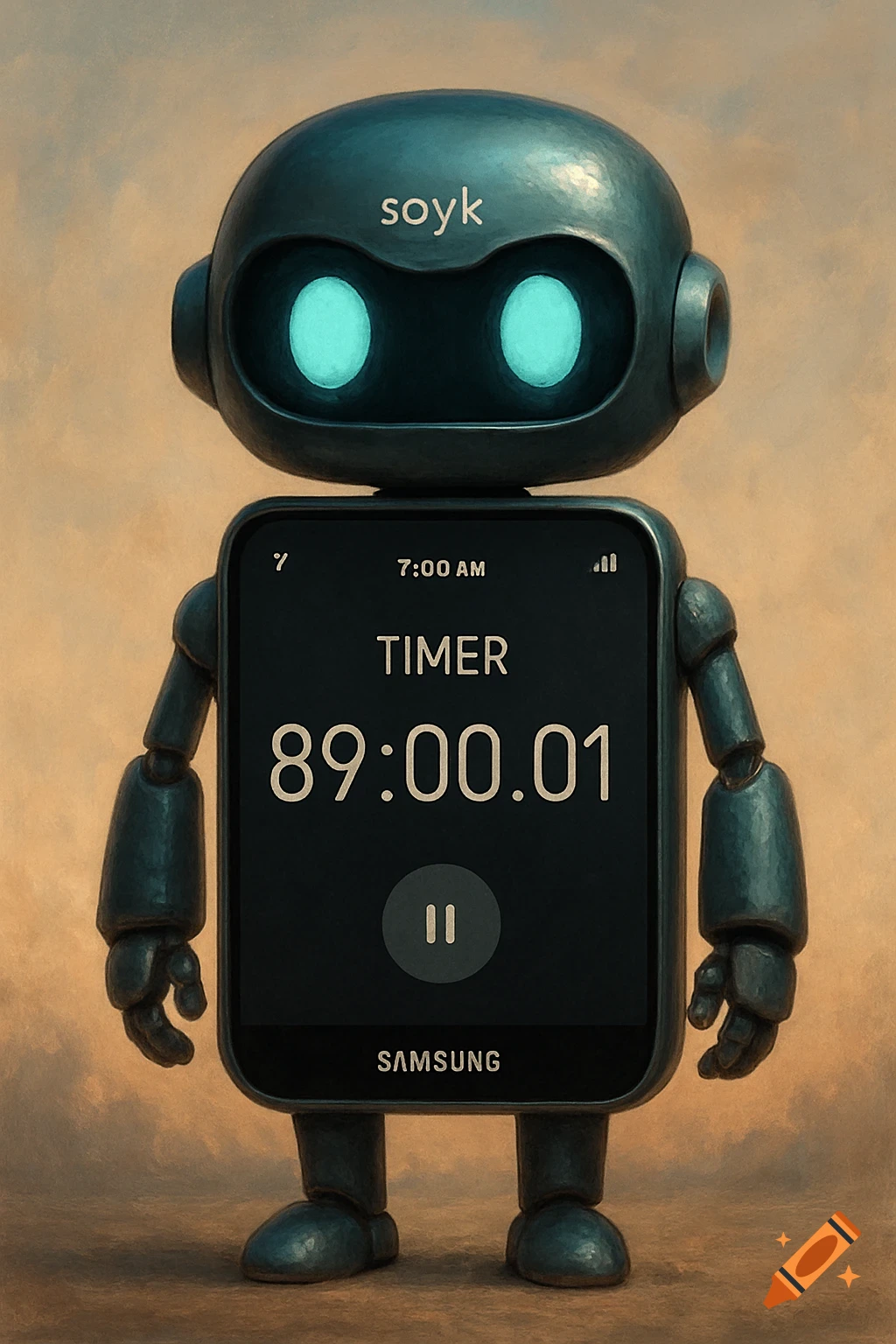An illustrated robot body with a screen displaying a timer for 89:00.01 ...