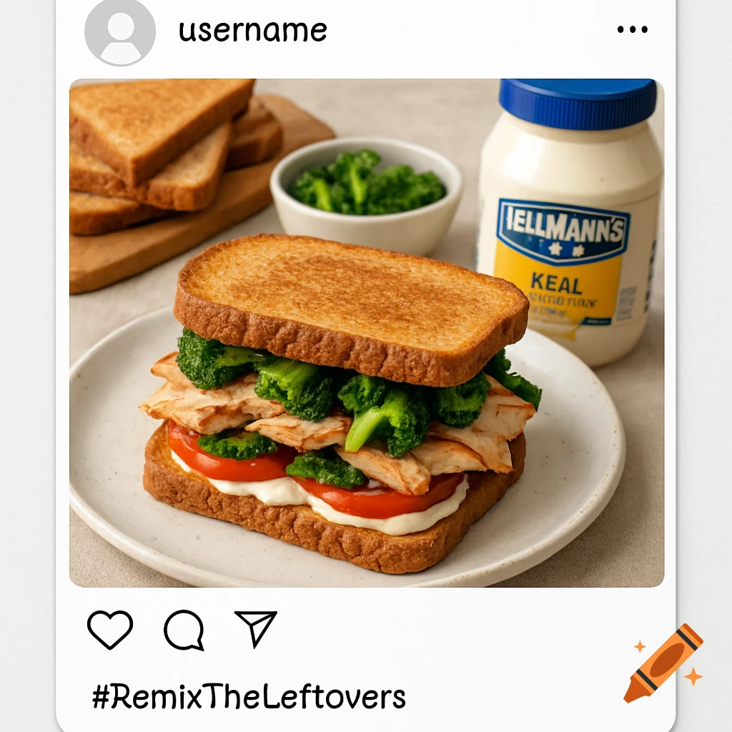 Photorealistic image of a sandwich with meat, broccoli, and tomato on a plate, with bread and mayonnaise.