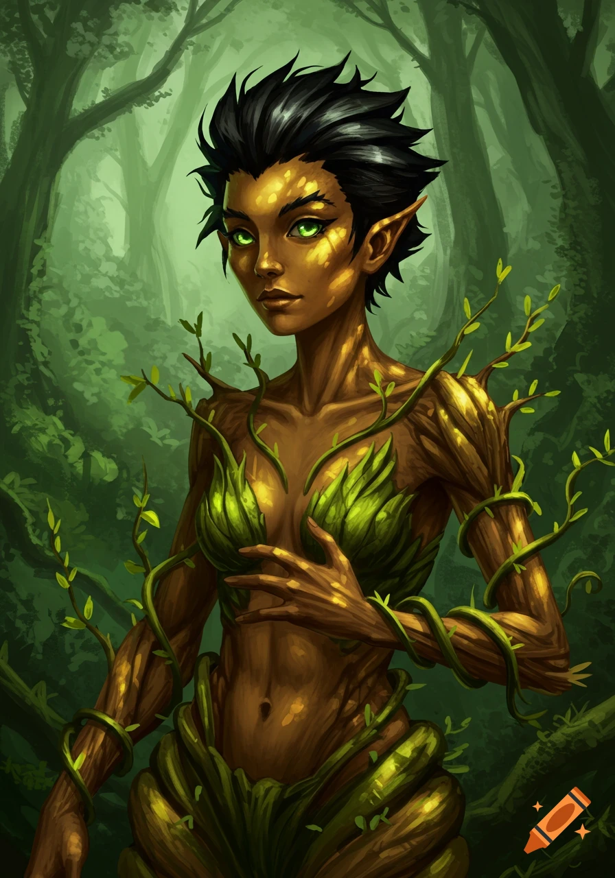 Fantasy illustration of a forest elf with wood skin and leaves for clothes standing in a forest.