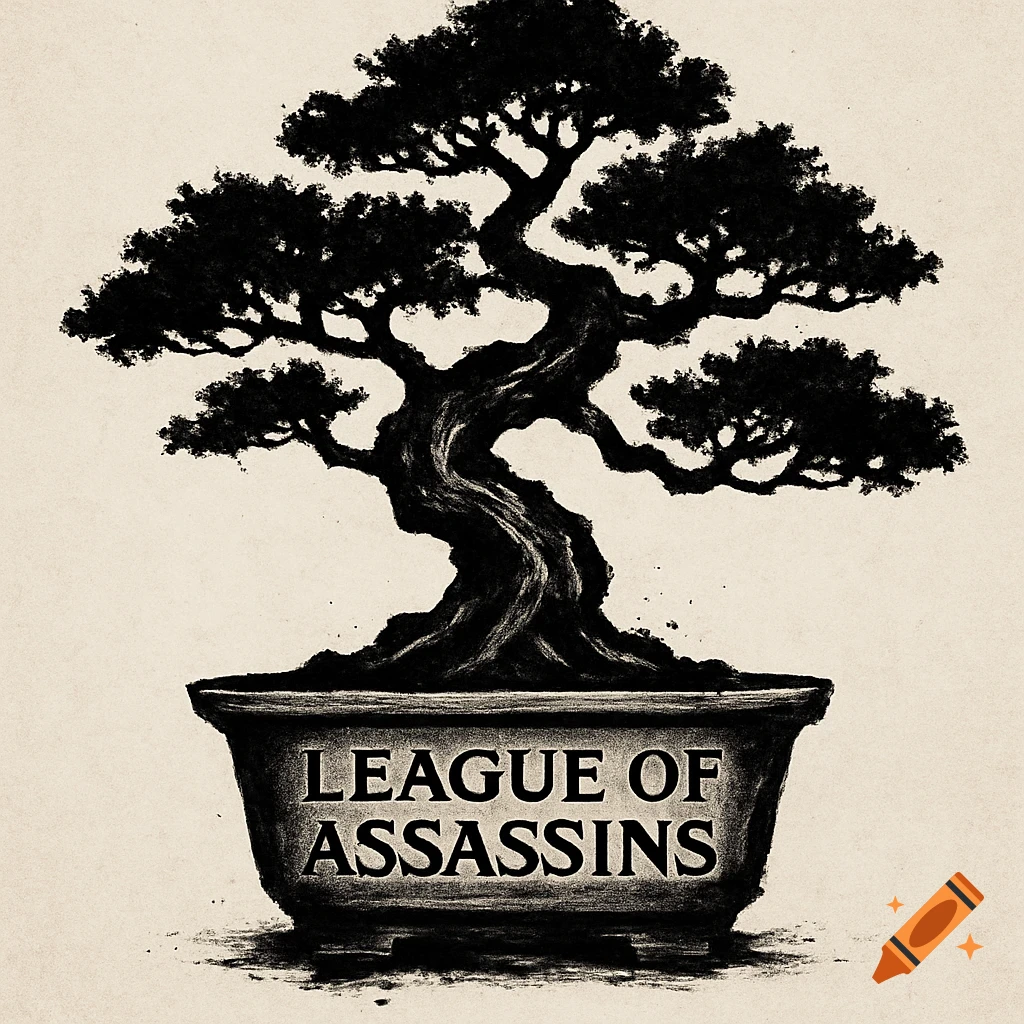 A black and white ink drawing of a bonsai tree in a pot with the text "LEAGUE OF ASSASSINS" engraved.