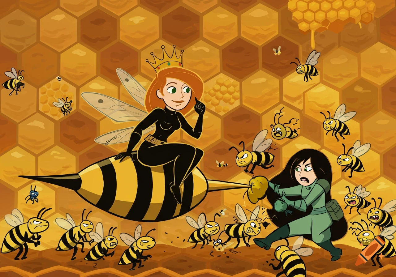 Cartoon of Kim Possible as a queen bee on a giant bee, watching Shego fight angry bees in a honeycomb hive.