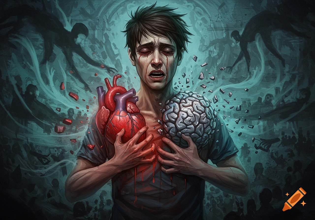 Person holds a heart and a breaking brain, looking tormented, in a dark, symbolic scene with shadowy figures.