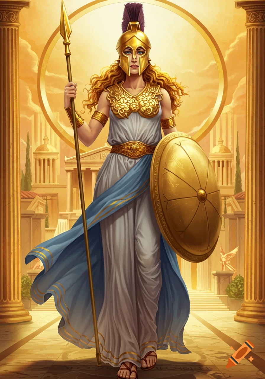 Goddess Athena in golden armor holding a spear and shield before ancient Greek architecture.