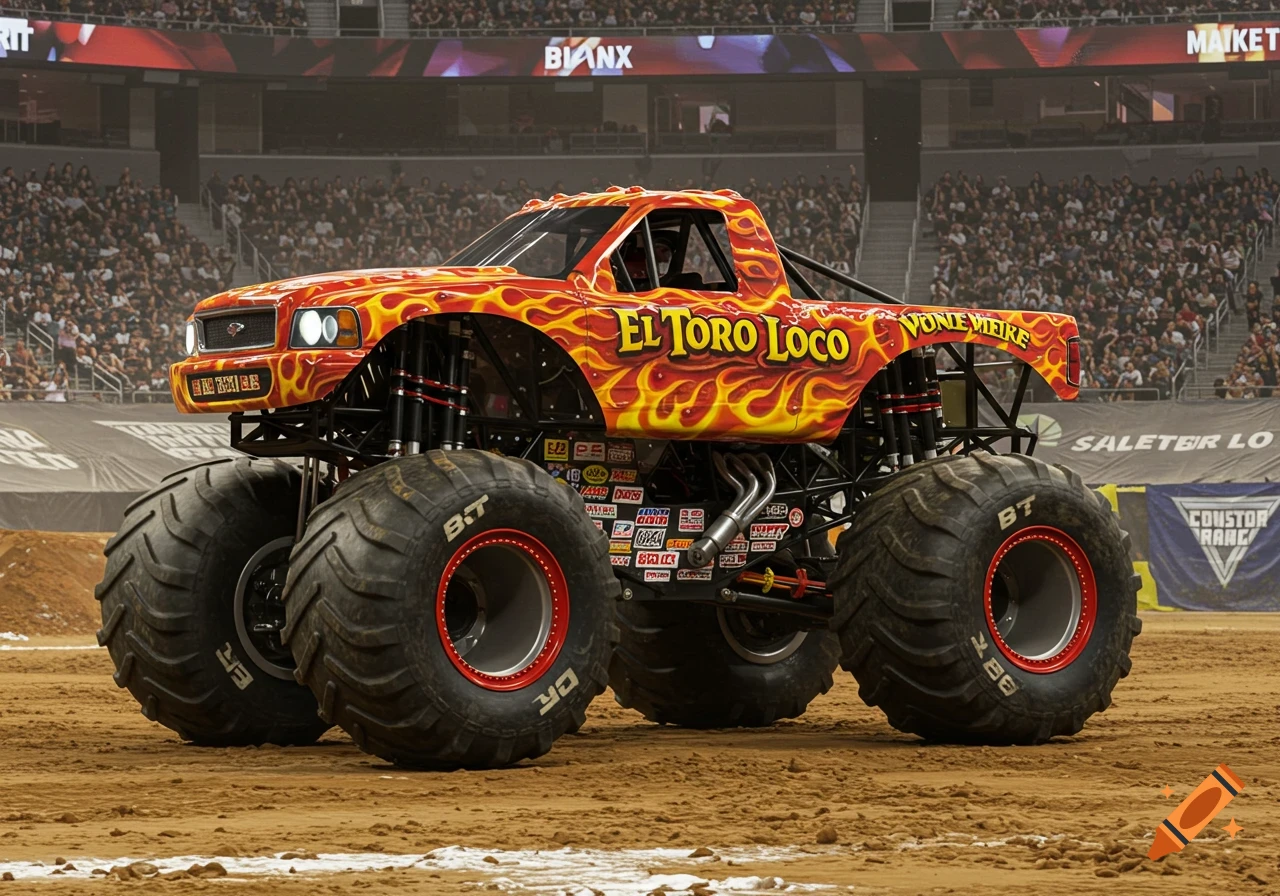 A monster truck with red and yellow flames on its body sits on dirt in an arena filled with spectators.
