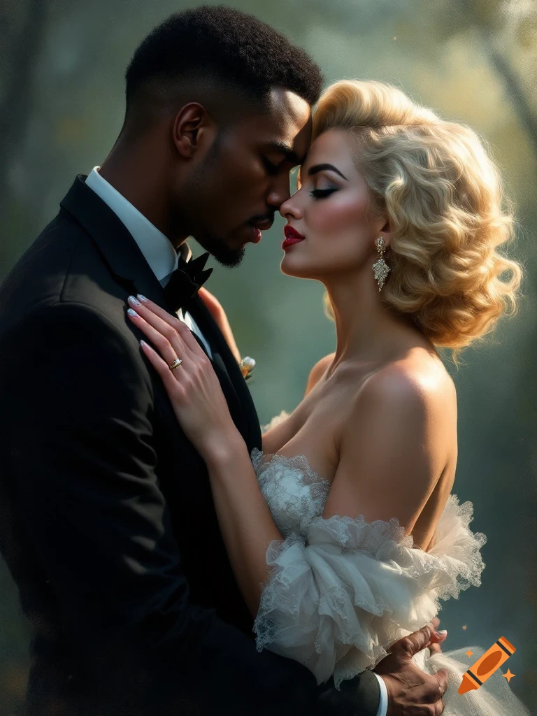 A couple in formal wear, a Black man and a woman with blonde hair, embrace.