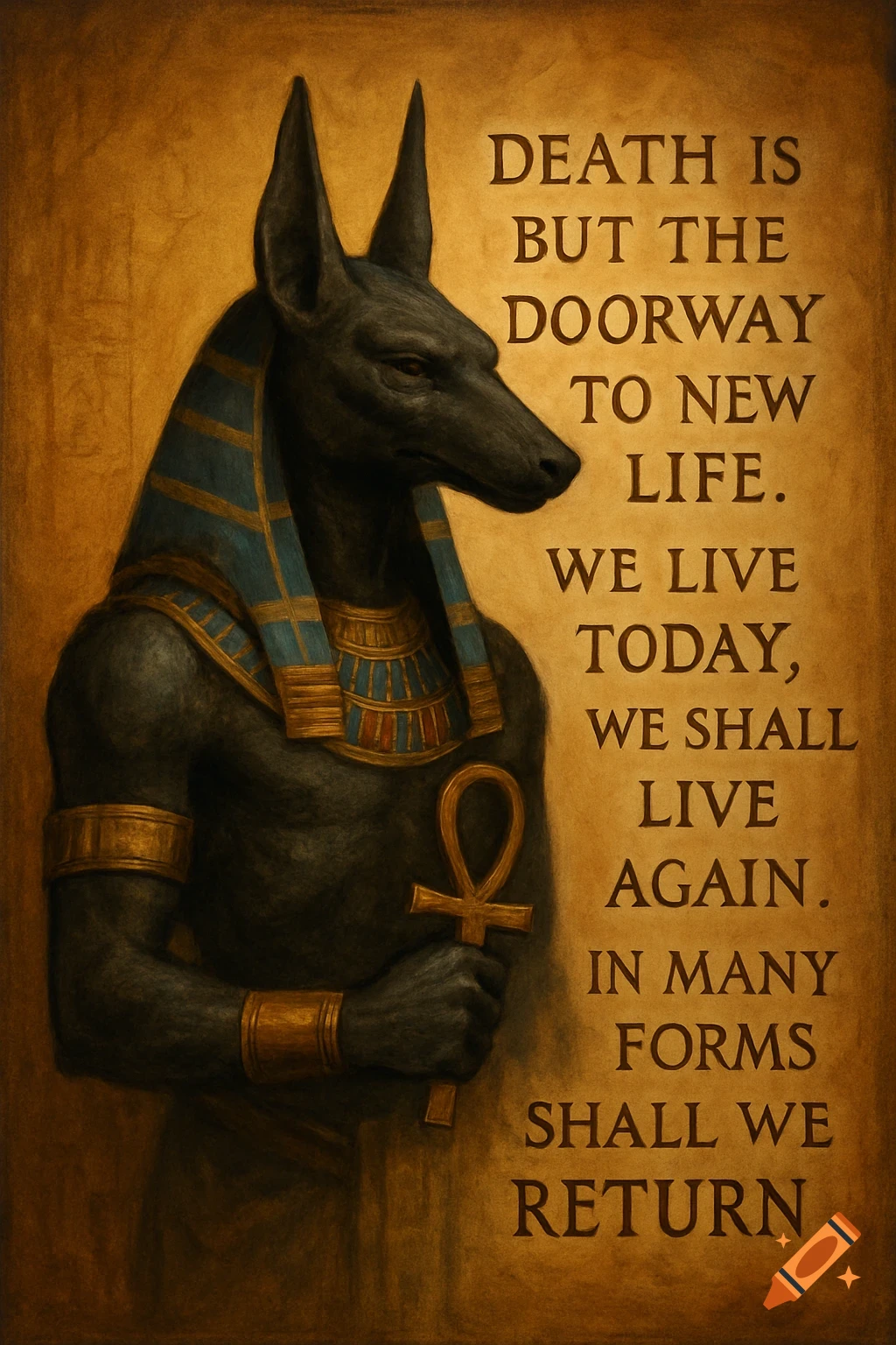 Painting of Anubis holding an ankh next to text on a brown background.