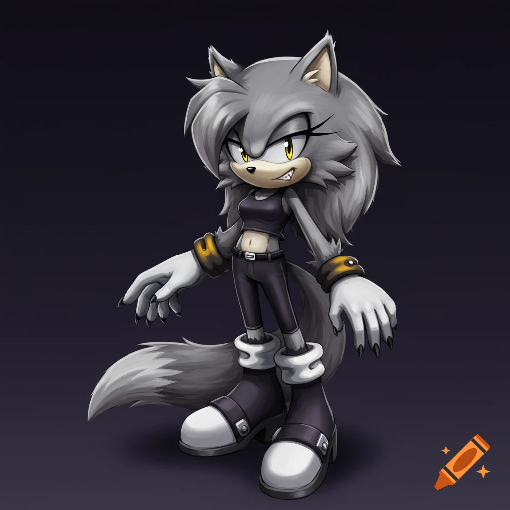 Anime style drawing of a grey anthropomorphic wolf character standing, showing fangs and claws.
