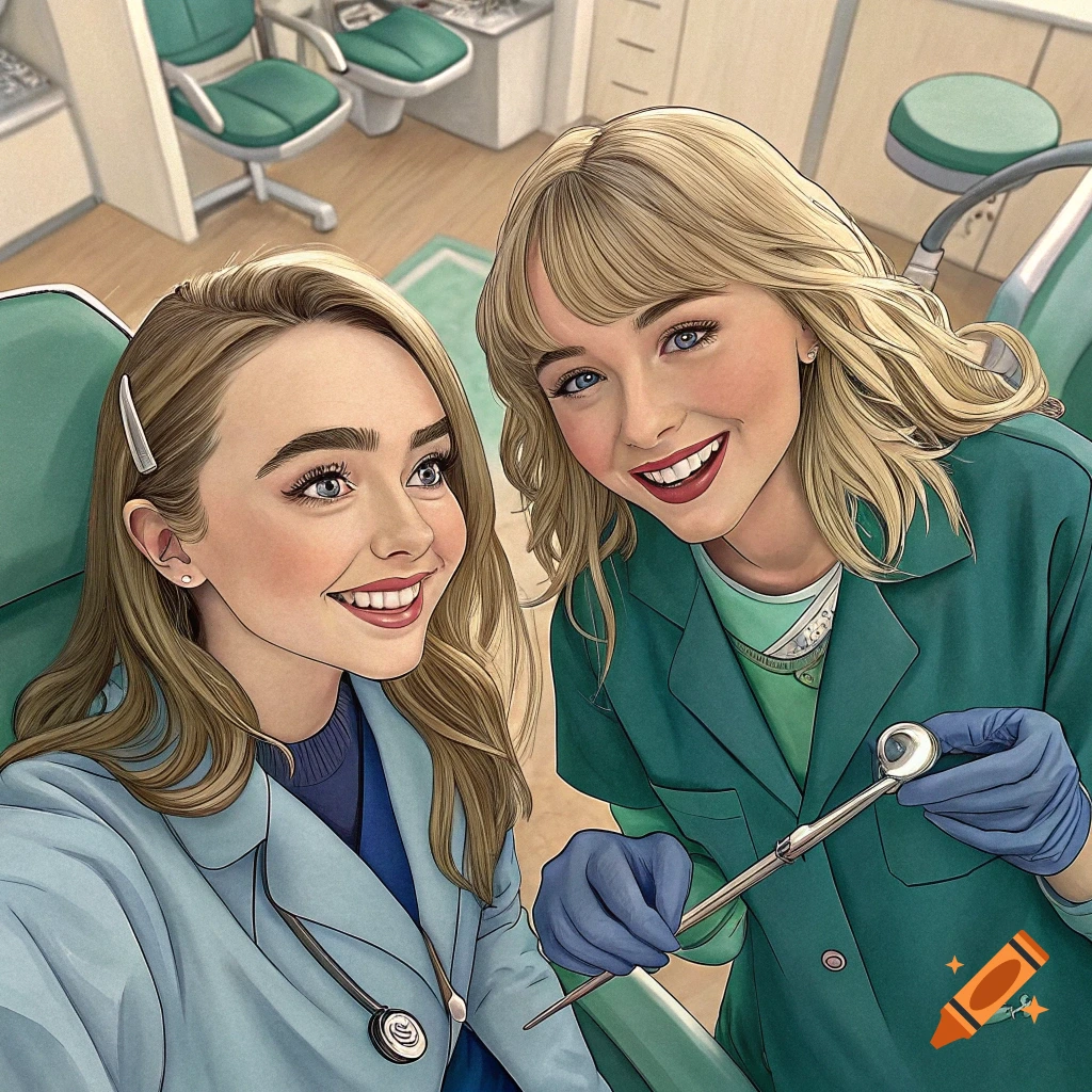 Two smiling women dressed as dentists holding a tool in a dental office.