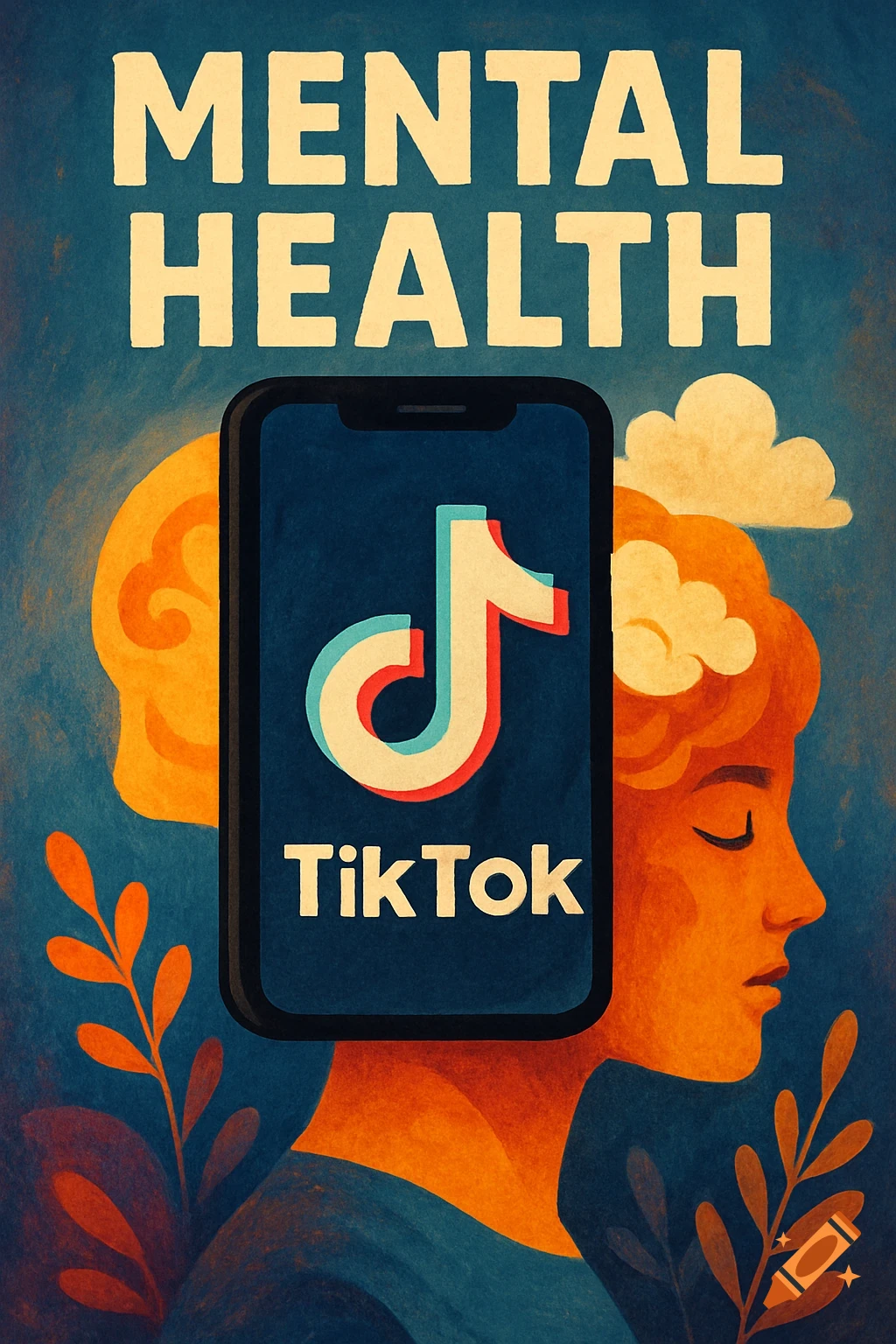 Poster with 'MENTAL HEALTH' text, TikTok logo on phone screen, and stylized profiles of people.