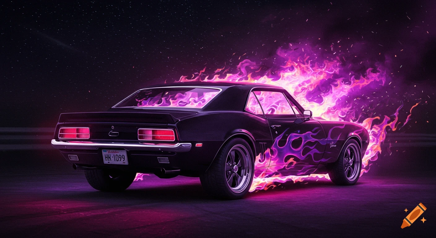 Black Chevrolet Camaro engulfed in purple flames against a starry sky