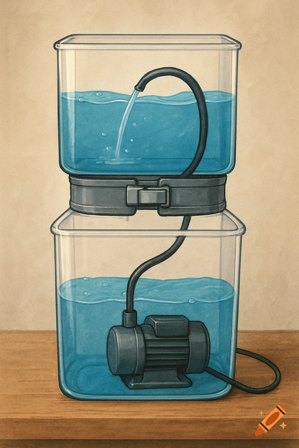 Illustration of a water pump circulating water between two clear containers.
