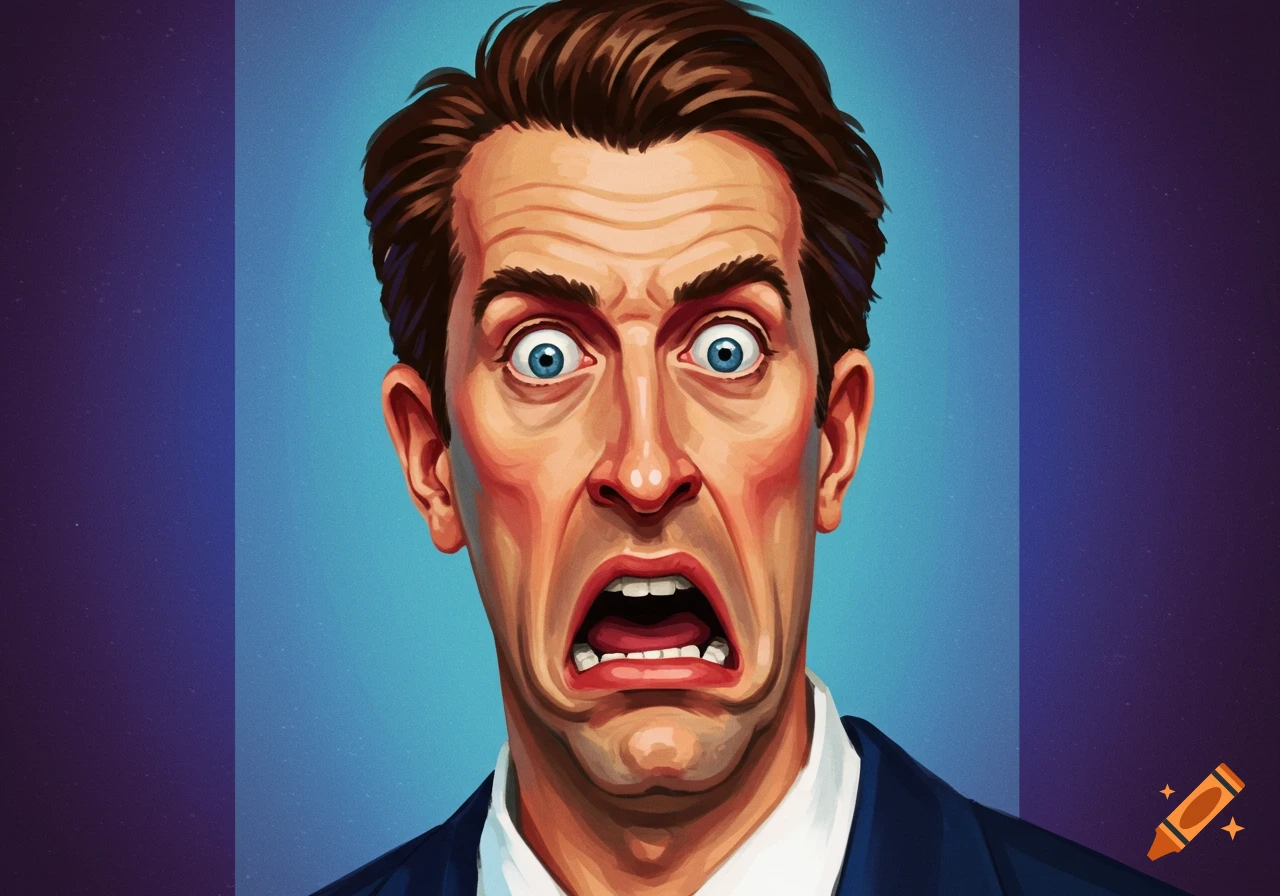 A stylized close-up portrait of a man with a scared, wide-eyed expression.