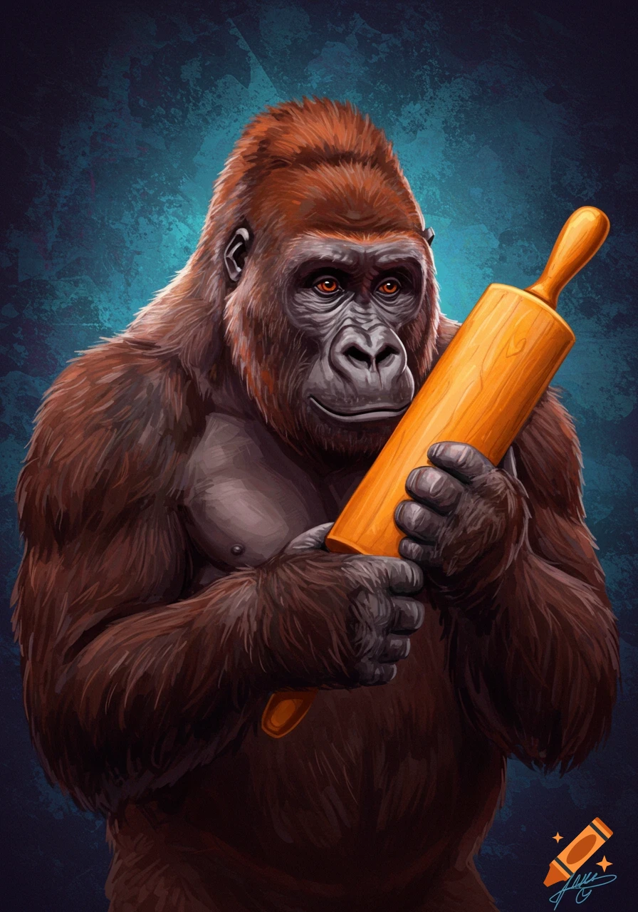 Digital painting of a gorilla holding a wooden rolling pin.