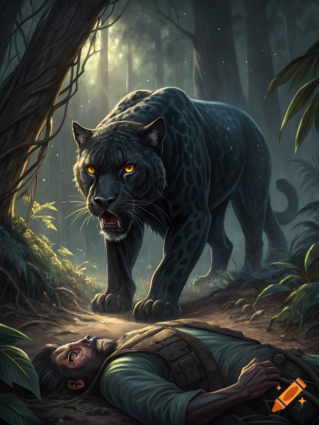 A black panther with glowing eyes stands over a person lying on the ground in a dark, atmospheric jungle.