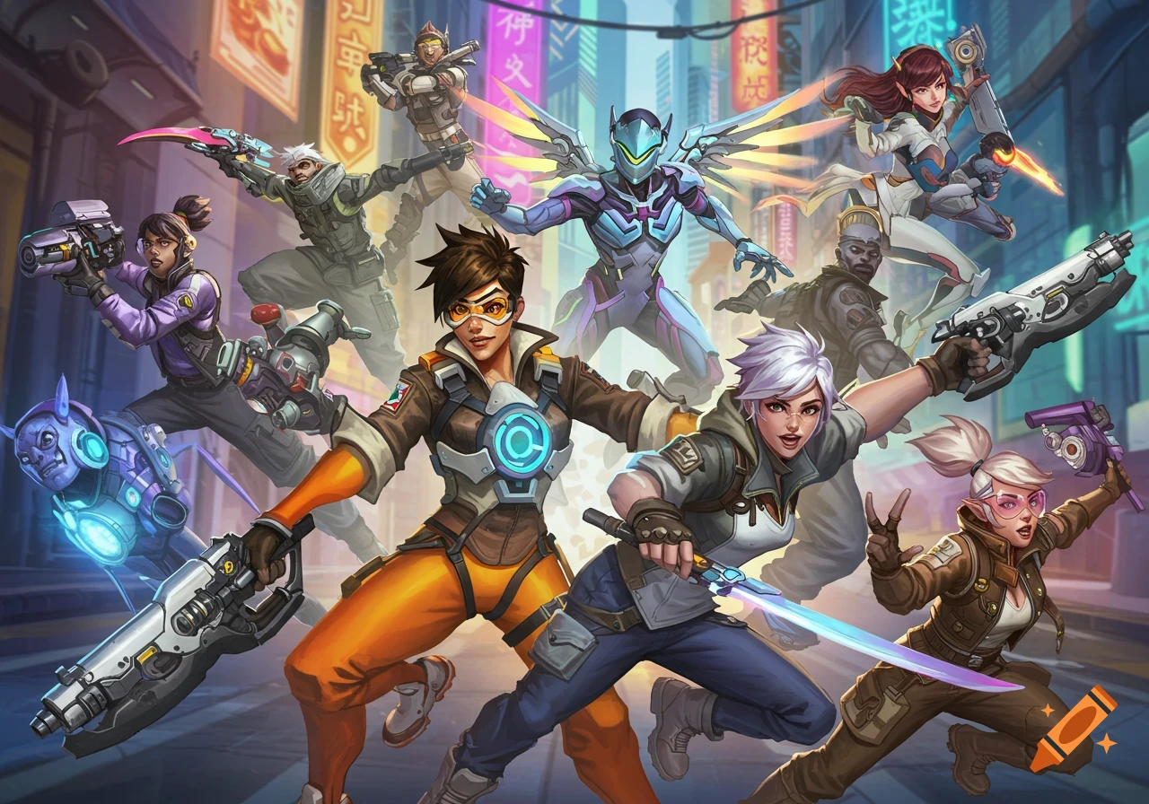 Stylized Overwatch 2 characters including Tracer, Genji, and Mercy in a city street.