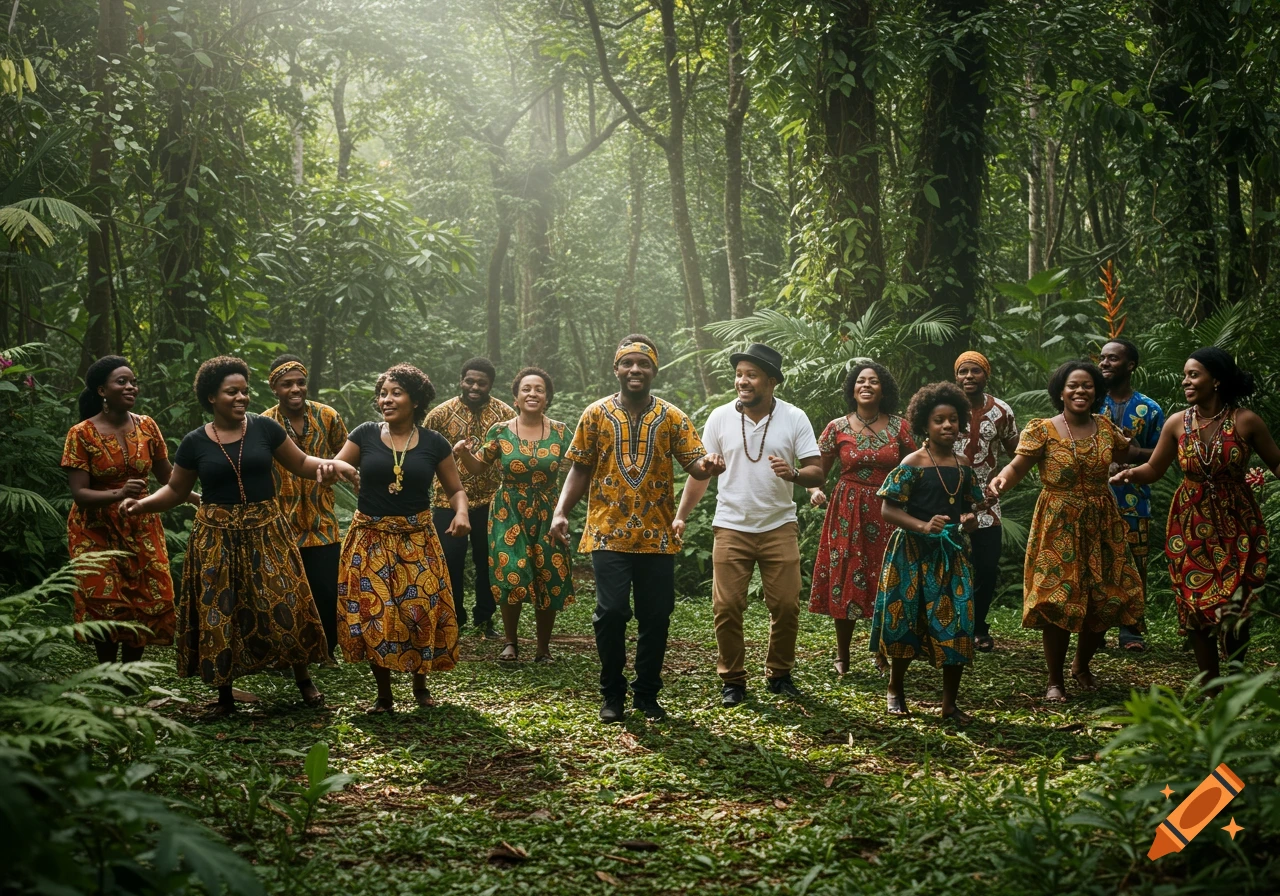 Group of people in African clothing dancing in a rainforest.