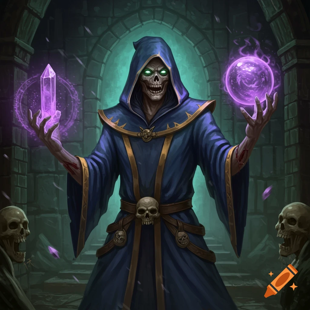 Undead wizard in a dungeon casting spells with a purple crystal and orb, surrounded by skulls.