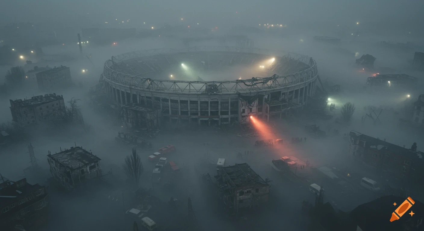 Aerial view of a ruined stadium and buildings engulfed in thick mist, with lights glowing.