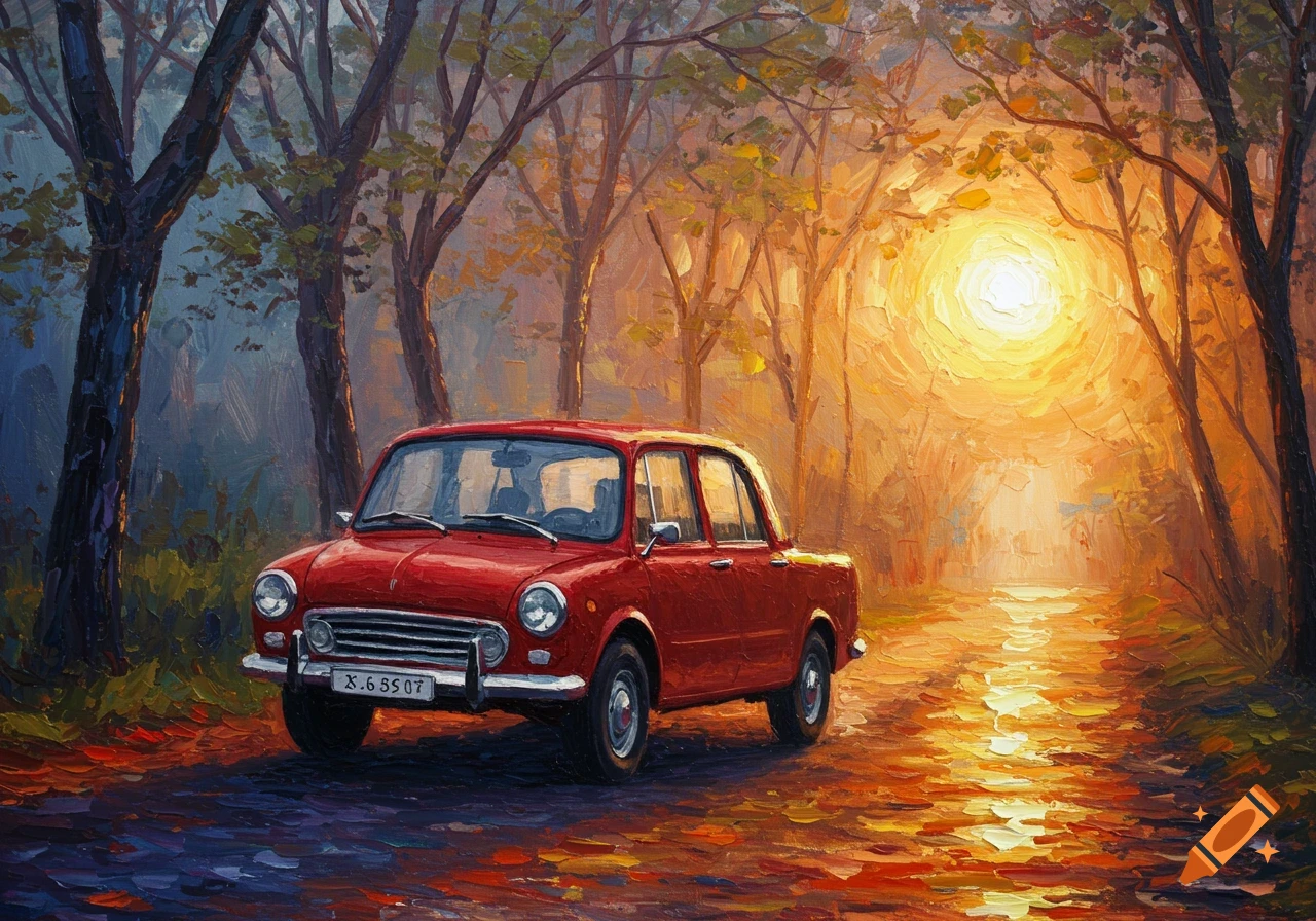 Impressionistic painting of a red vintage car on a sunlit forest path.