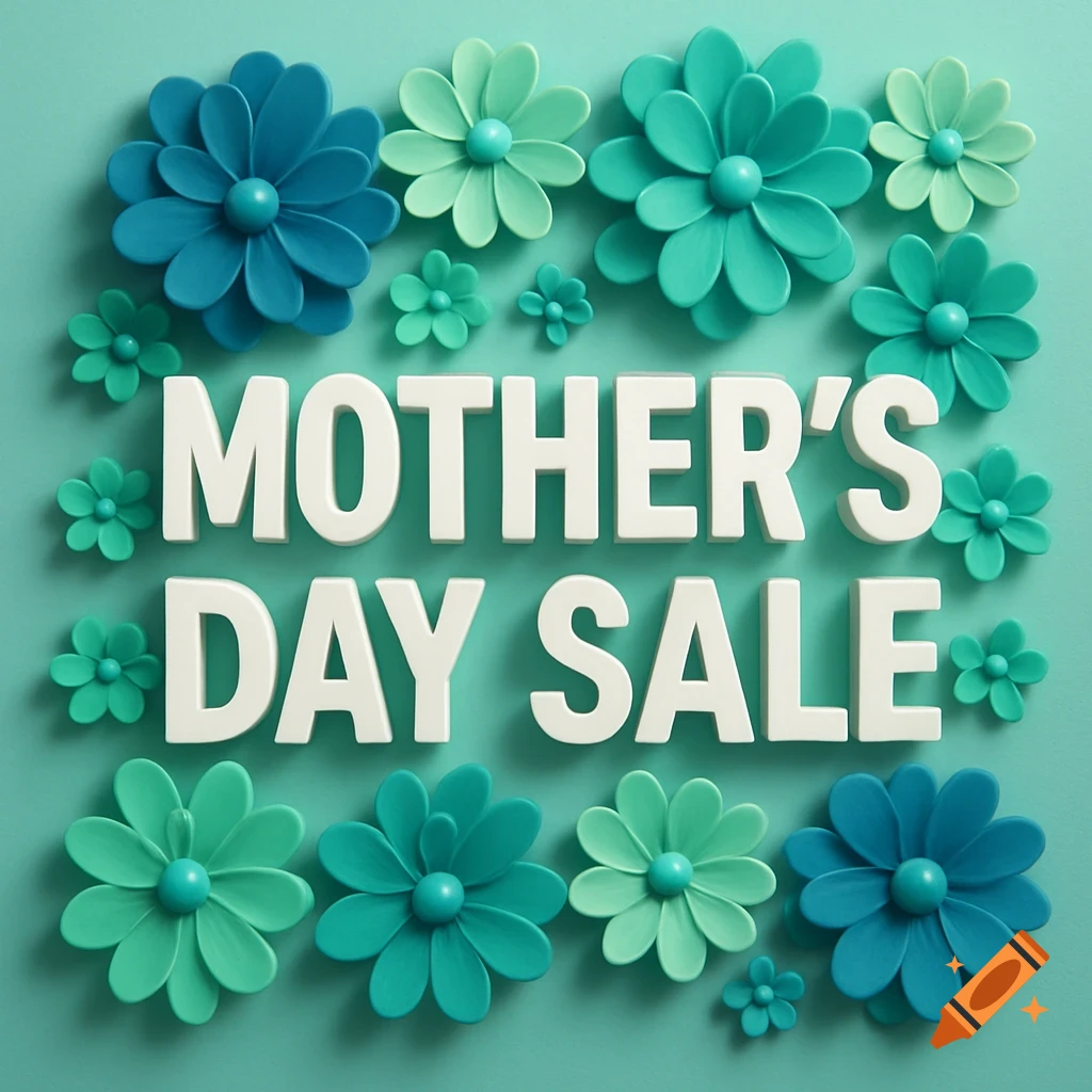 Mother's Day Sale text surrounded by blue and green flowers on a teal background