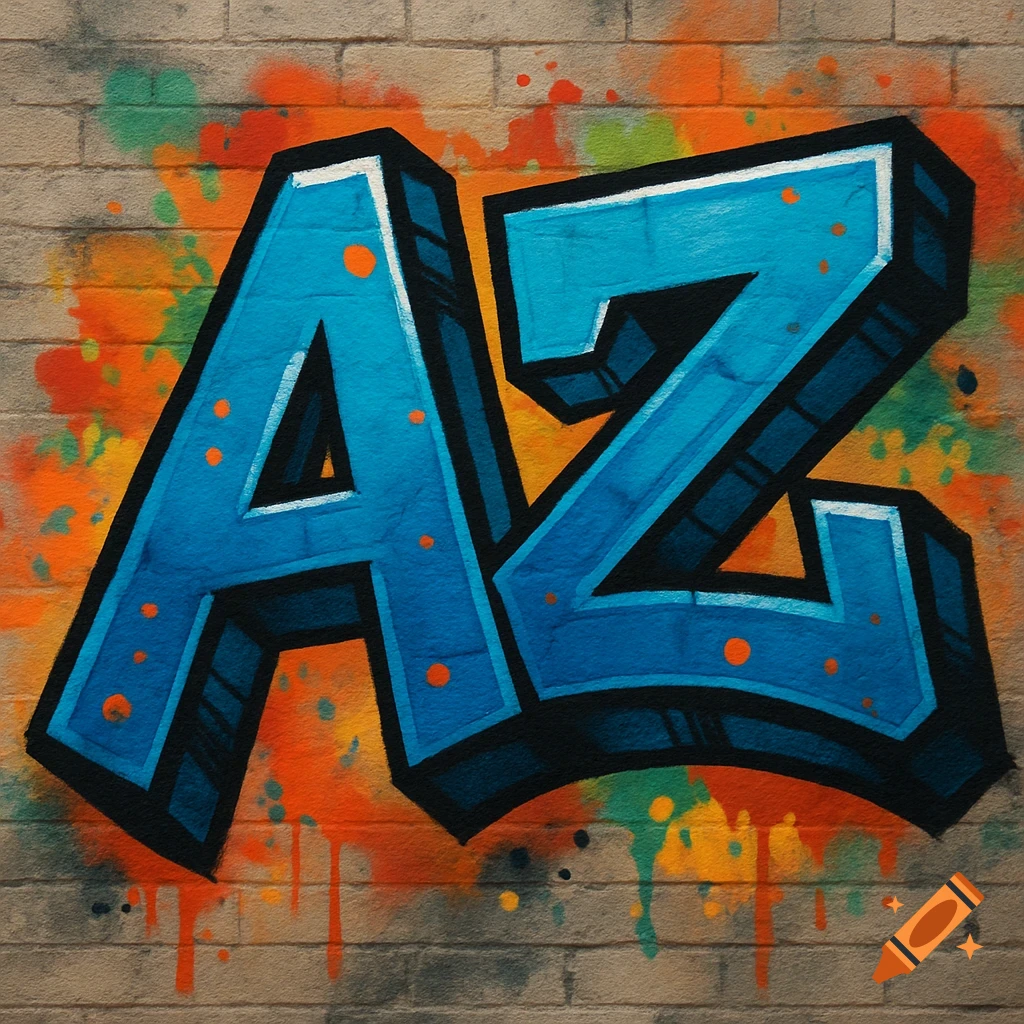 Blue and black graffiti text 'AZ' on a brick wall with colorful paint splatters.