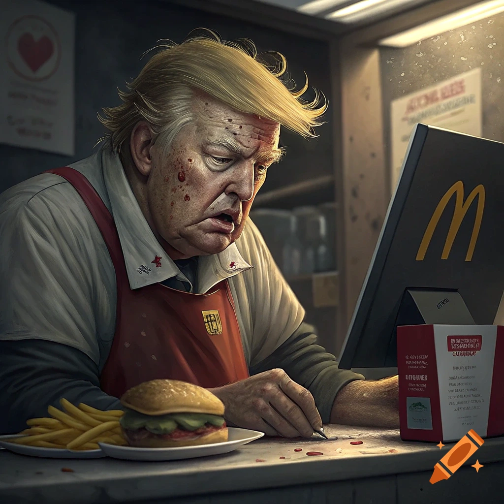 Realistic portrait of haggard person resembling Donald Trump behind McDonald's counter.