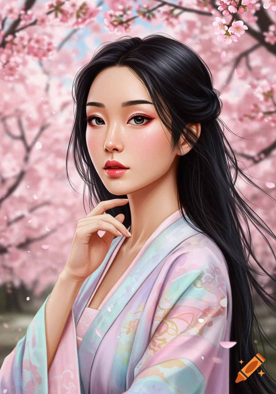 Portrait of a beautiful woman in a pink kimono surrounded by cherry blossoms.