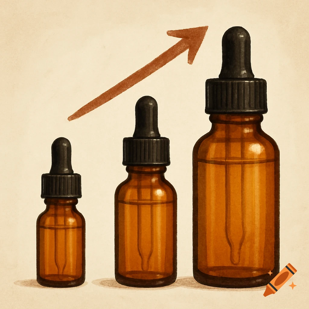 Illustration of three brown dropper bottles increasing in size with an upward arrow.