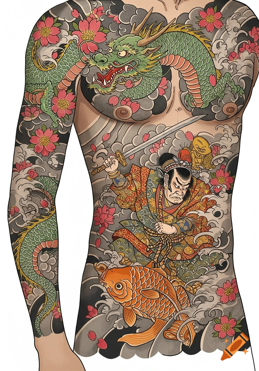 Traditional Japanese irezumi tattoo design with a dragon, samurai, koi fish, and cherry blossoms.