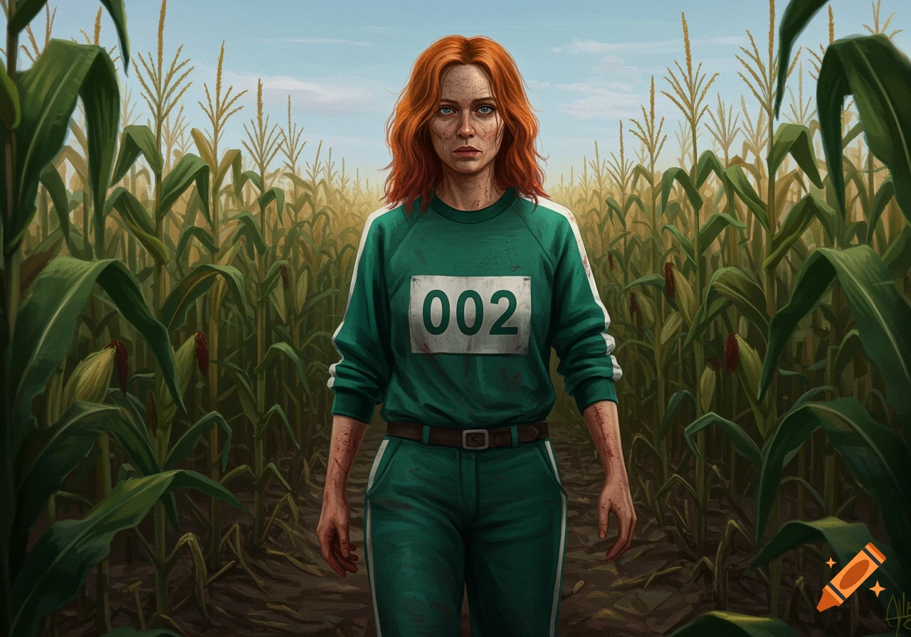 Red-haired woman in green Squid Game uniform with number 002 stands in a corn field. Digital painting.