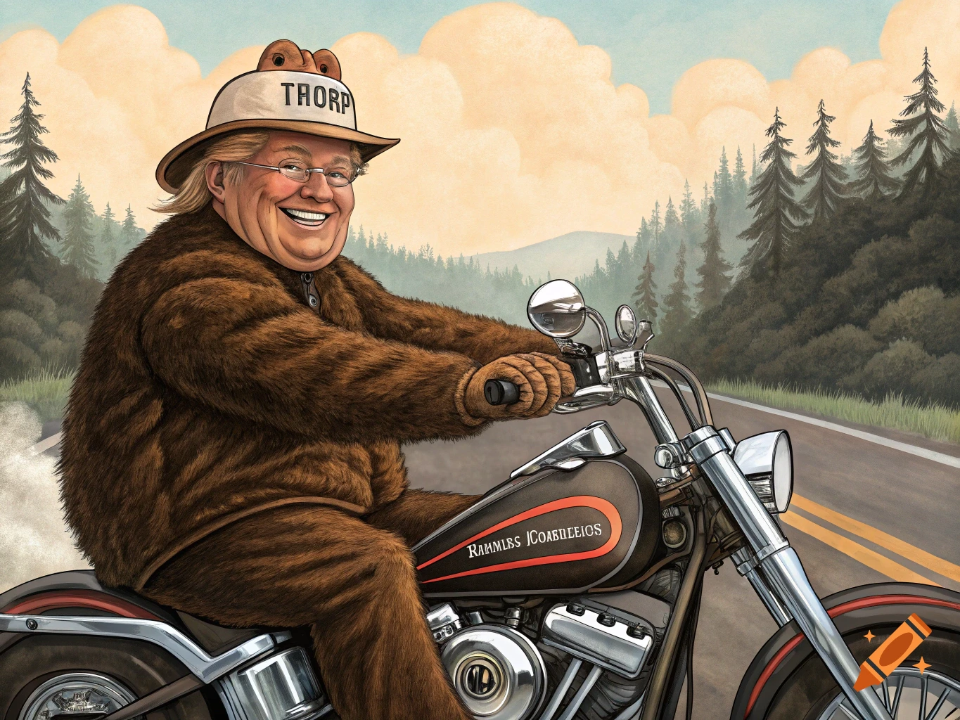 Digital painting of Donald Trump in a bear suit riding a motorcycle in a forest.