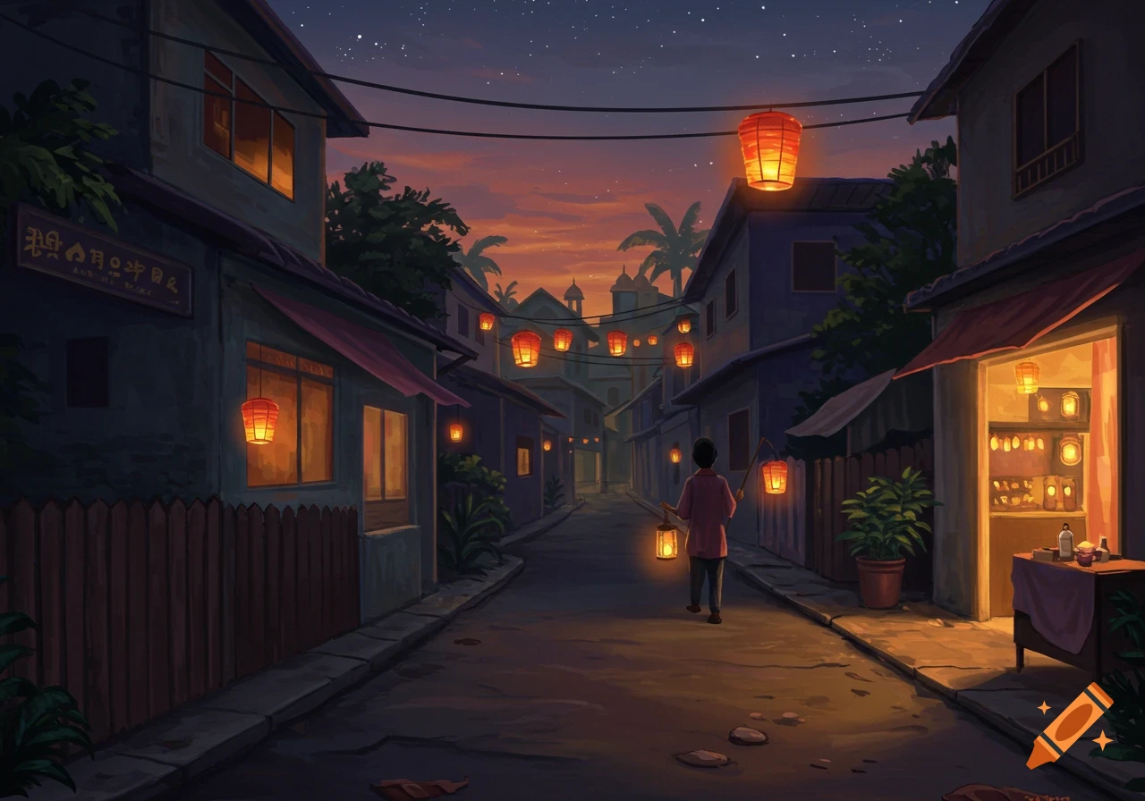Person walking down a street at dusk with many lit lanterns, illustration style.