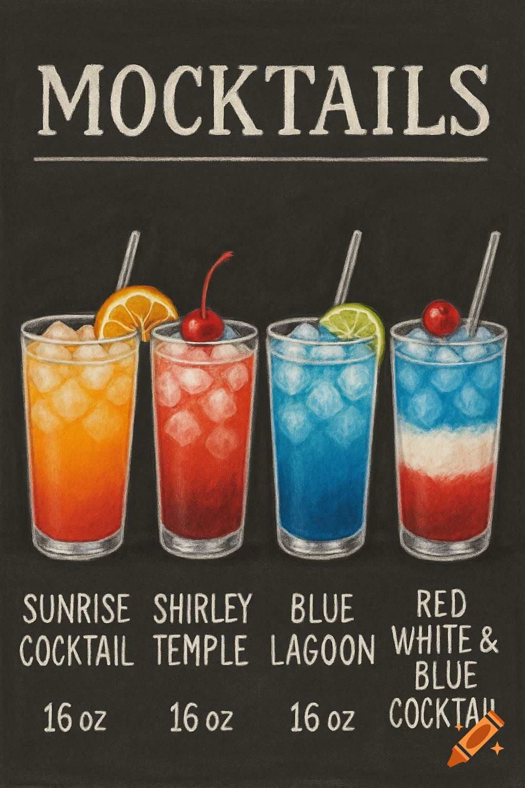 Chalkboard drawing of four mocktails: Sunrise, Shirley Temple, Blue Lagoon, Red White & Blue, each 16oz.