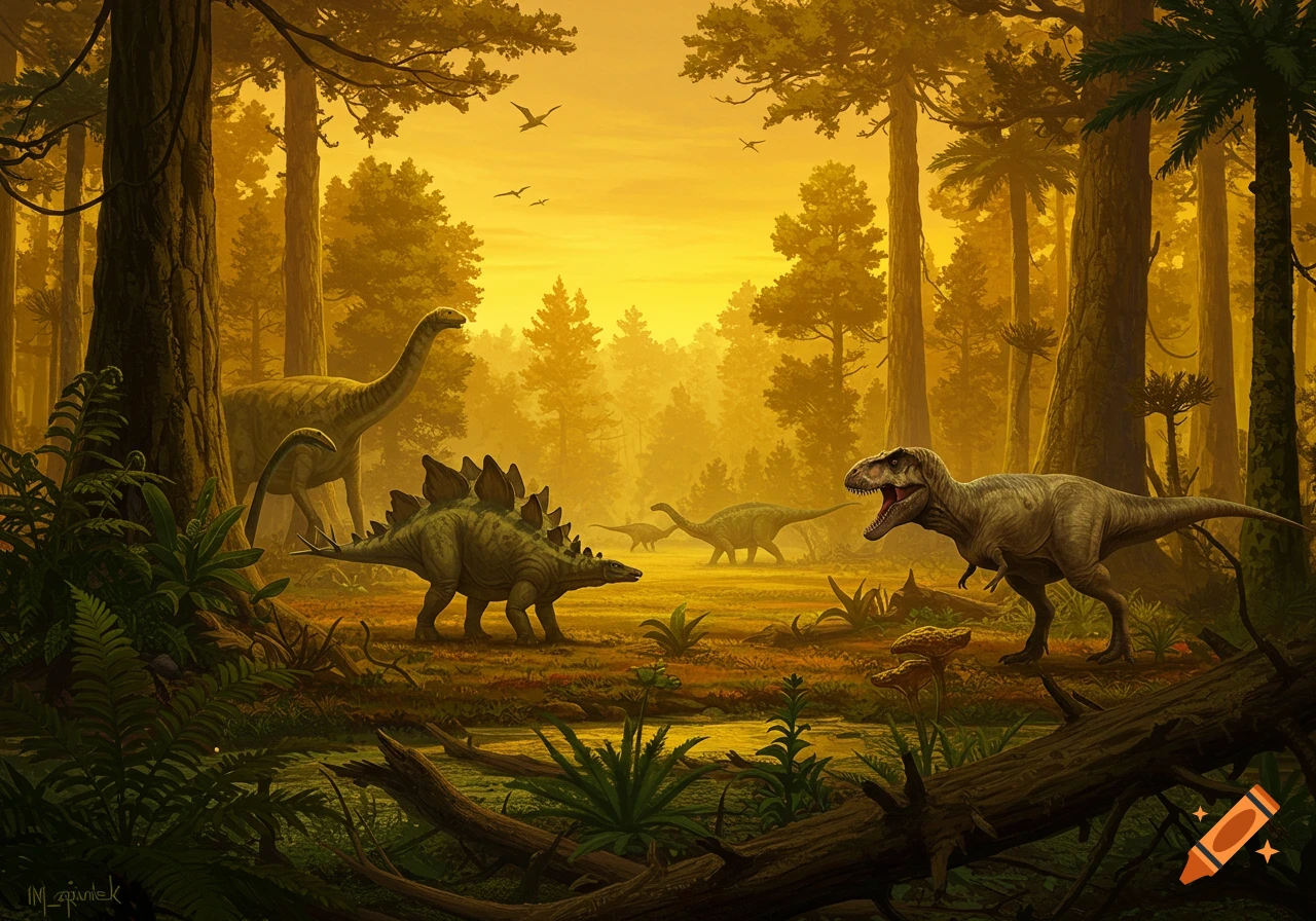 Detailed illustration of dinosaurs in a prehistoric forest at sunset.