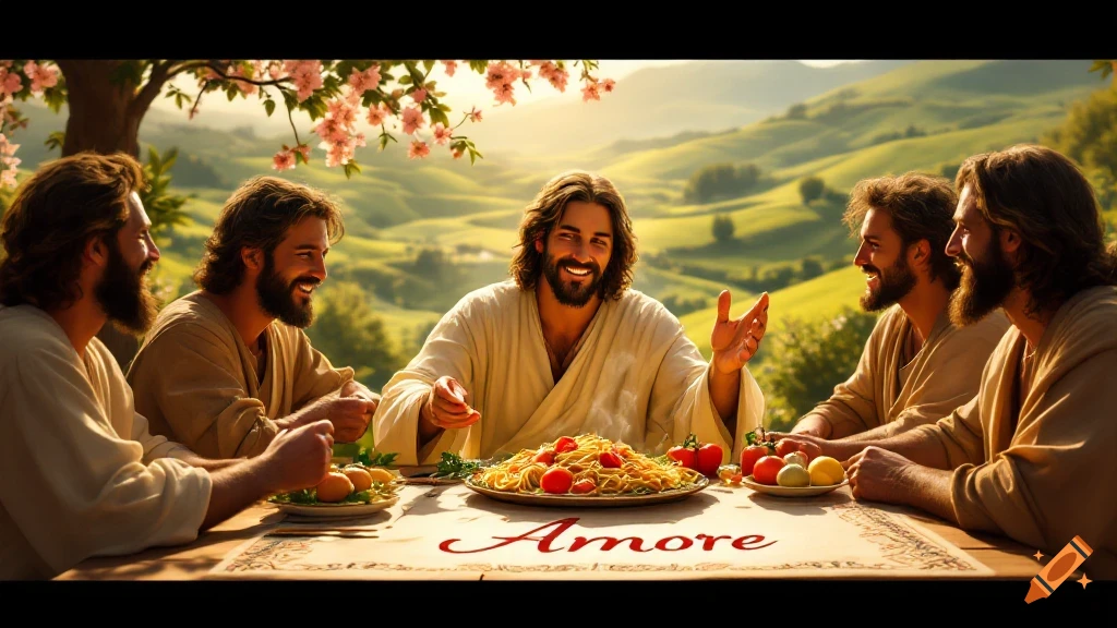 Jesus and disciples share pasta outdoors in a golden-lit Italian landscape with text 'Amore' on the table.