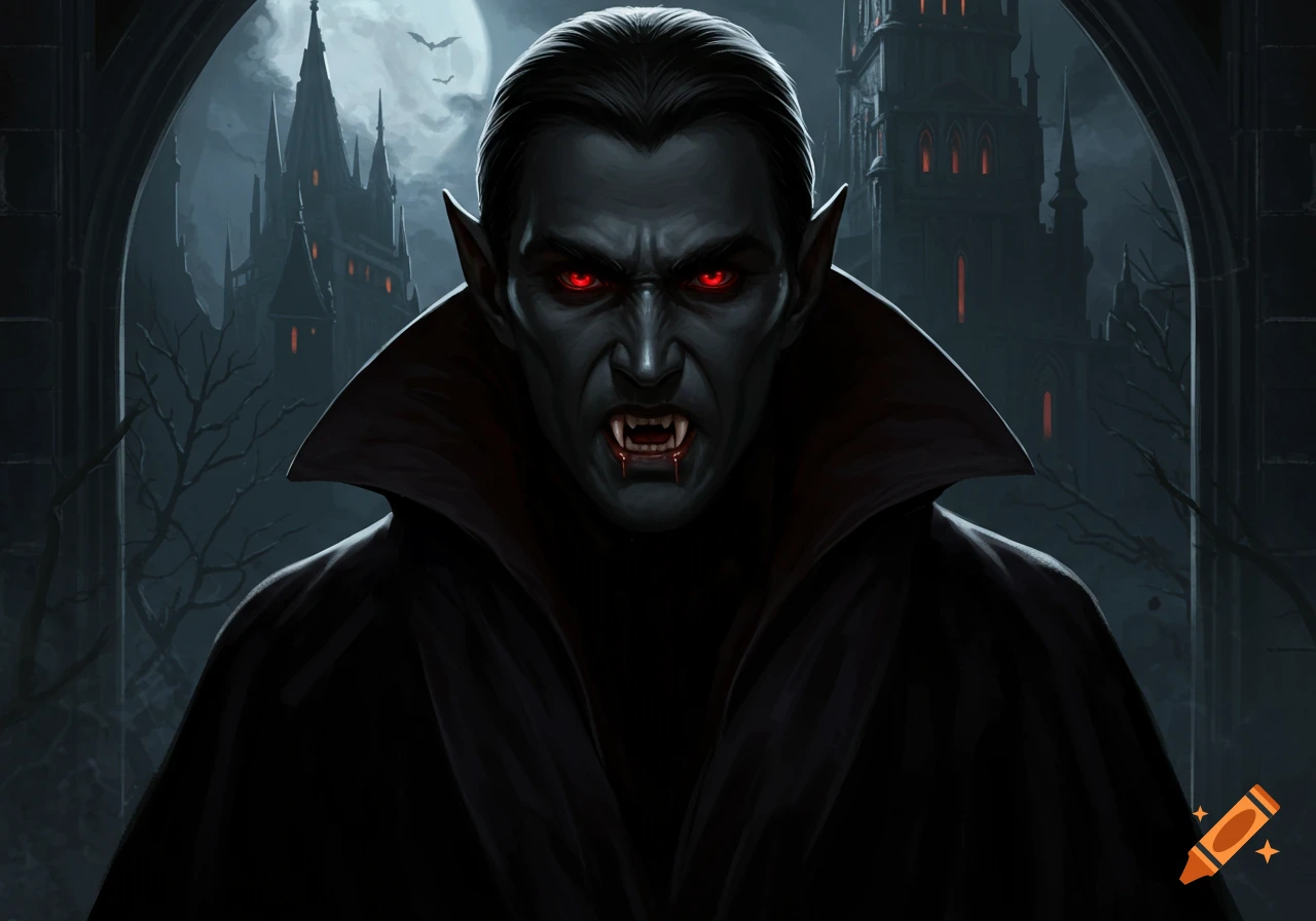 Illustration of a menacing vampire with red eyes and fangs in front of a gothic castle at night.