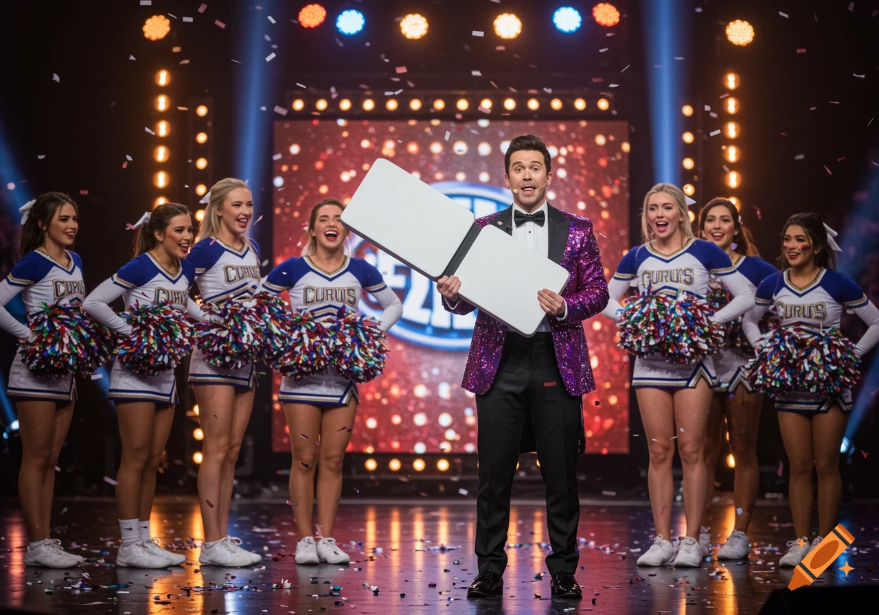 Man in sparkly jacket on stage with cheerleaders, holding a white object, confetti falling.
