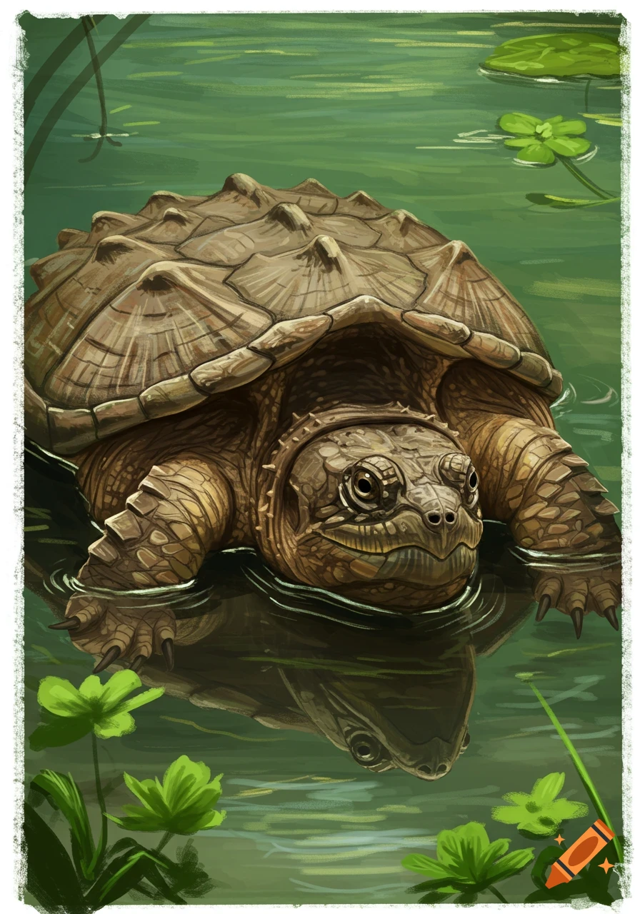 Painted illustration of a snapping turtle partially submerged in murky water with lily pads.