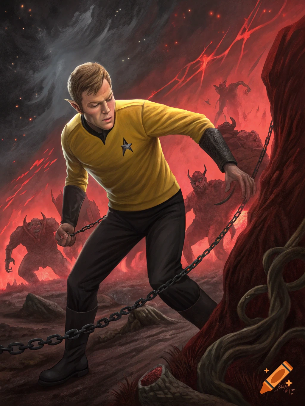 Illustration of Captain Kirk type character with Vulcan ears being dragged by chains by demons in a hell-like landscape.