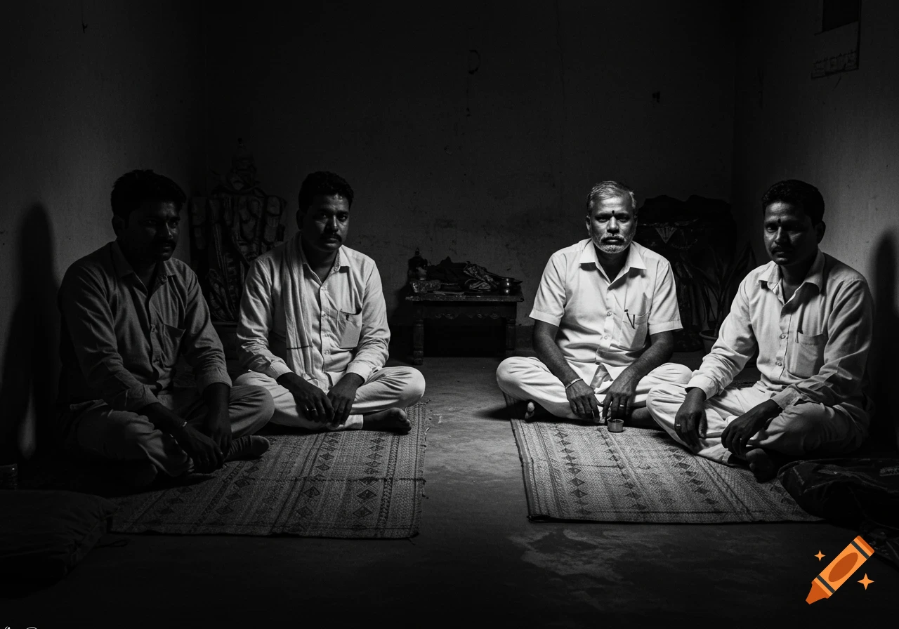 Four Indian men sit on mats in a room in black and white photo